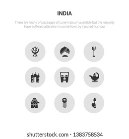 9 round vector icons such as hookah, indian, indra, oil lamp, rickshaw contains taj mahal, trident, turban, sikhism. hookah, indian, icon3_, gray india icons