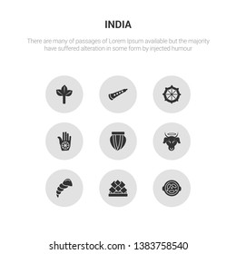 9 round vector icons such as malai kofta, lotus temple, conch shell, sac cow, tablas contains karma, dharma, shehnai, bael tree. malai kofta, lotus temple, icon3_, gray india icons