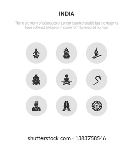 9 round vector icons such as ashoka, india mother, chandra, kali, guru contains krishna, saraswati, kartikeya, lakshmi. ashoka, india mother, icon3_, gray india icons