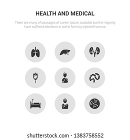 9 round vector icons such as desinfectant, drugs, electrocardiogram, emergency, emergency call contains enema, epidermis, first aid kit, germs. desinfectant, drugs, icon3_, gray health and medical