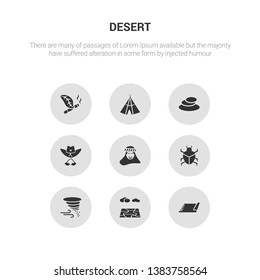 9 round vector icons such as rug, salty desert, sandstorm, scarab, sheik contains sheriff hat, stone, tepee, tobacco. rug, salty desert, icon3_, gray desert icons