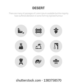 9 round vector icons such as mexican hat, mine, mine wagon, noose, oasis contains old money bag, outlaw, paddock, rock. mexican hat, mine, icon3_, gray desert icons