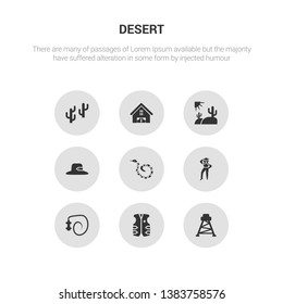 9 round vector icons such as cowboy tower, cowboy vest, cowboy whip, cowgirl, crotalus contains desert hat, desert landscape, desert saloon, tree. tower, vest, icon3_, gray icons