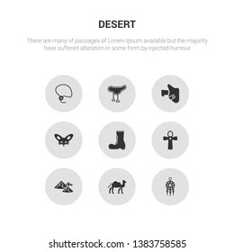 9 round vector icons such as dream catcher, dromedary, dunes, egypt, far west boot contains fennec, holster, horse saddle, lasso. dream catcher, dromedary, icon3_, gray desert icons