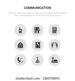 9 round vector icons such as wifi,  , incoming call, quarrel, contact contains emails, voice recorder, contacts, transmitter. wifi,  icon3_, gray communication