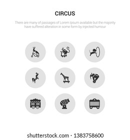 9 round vector icons such as circus cage, circus canon, circus car, elephant, giraffe contains horse, lion, monkey, parrot. cage, canon, icon3_, gray icons