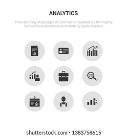 9 round vector icons such as bars chart analysis, worker, bars graphic on screen, binary data search, briefcase contains business, business analytics graphics, business card, plan. bars chart