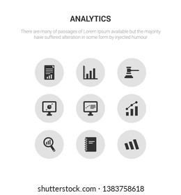 9 round vector icons such as 3d location graph, agenda, analysis, analytic visualization, analytics contains analytics monitor, auction, bar chart, bar stats. 3d location graph, agenda, icon3_, gray
