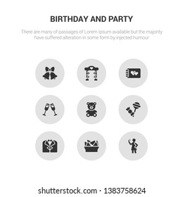 9 round vector icons such as selfie, snack, suit, sweet, teddy bear contains toast, wedding album, wedding altar, wedding bells. selfie, snack, icon3_, gray birthday and party icons