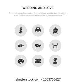 9 round vector icons such as groom, guests book, halloween, headband, hearts contains honeymoon, jukebox, just married, kiss. groom, guests book, icon3_, gray wedding and love icons