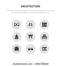 9 round vector icons such as stonehenge, sunglasses, temple of heaven, temple of the frescoes, torii gate contains tourist, tower, tower bridge, train station. stonehenge, sunglasses, icon3_, gray