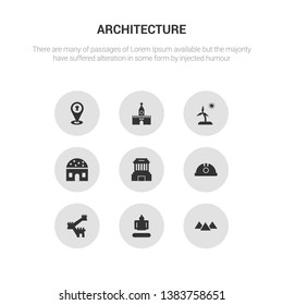 9 round vector icons such as giza, great buddha of thailand, great wall of china, helm, ho chi minh mausoleum contains hut, island, kremlin, landmark. giza, great buddha of thailand, icon3_, gray