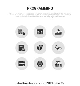 9 round vector icons such as hosting, html5, http, hyperlink, image seo contains js, keyboard and mouse, landing page, mobile app. hosting, html5, icon3_, gray programming icons