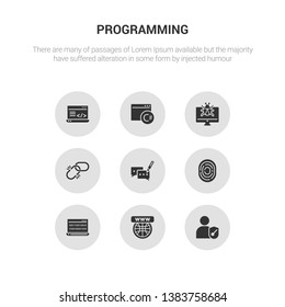 9 round vector icons such as authorize, website, binary code, biometric identification, blogging contains broken link, bug report, c sharp, clean code. authorize, website, icon3_, gray programming