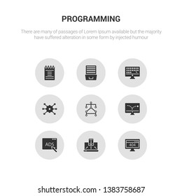 9 round vector icons such as 404 error, adaptive layout, advertising, advertising bounce, algorithm contains api, app, archive, article. 404 error, adaptive layout, icon3_, gray programming icons