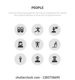 9 round vector icons such as sailor face, sheriff face, showering, skiing person, skipping rope man contains surgeon face, swear, training man, twins. sailor sheriff icon3_, gray people icons