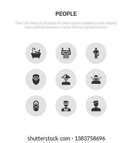 9 round vector icons such as man with beret, manager face, newborn, ninja face, old chinese man contains oldman face, painter with paint bucket, people trading, person bathing. man with beret,