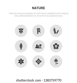 9 round vector icons such as iris, jasmine, jonquil, knapweed, landscape contains larch, lavender, lemongrass, lily. iris, jasmine, icon3_, gray nature icons