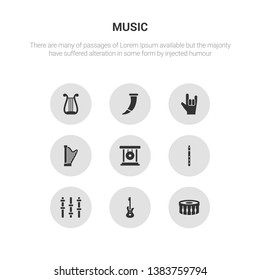 9 round vector icons such as drum, electric guitar, equalizer, flute, gong contains harp, heavy metal, horn, lyre. drum, electric guitar, icon3_, gray music icons
