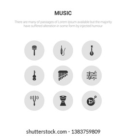 9 round vector icons such as music record, djembe, tuning fork, clef, panpipe contains cello, mandolin, jack, cabasa. music record, djembe, icon3_, gray music icons