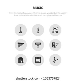 9 round vector icons such as drumsticks, sound bars, music store, playlist, synthesizer contains chimes, music note, clarinet, balalaika. drumsticks, sound bars, icon3_, gray music icons