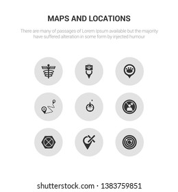 9 round vector icons such as navigation trajectory, nearby, no gps, no stopping, no waiting contains path a to b, pet zone point, pharmacy pin, pharmacy. navigation trajectory, nearby, icon3_, gray