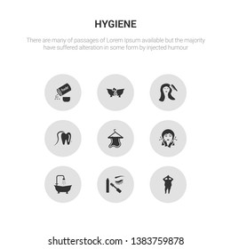 9 round vector icons such as body shaming, dolled up, douche, face washer, face towel contains flossing, grooming, lather, powder. body shaming, dolled up, icon3_, gray hygiene icons