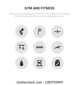 9 round vector icons such as protein, protein shake, punching ball, push up, resistance band contains rings, roller, rope, press simulator. protein, shake, icon3_, gray gym and fitness icons