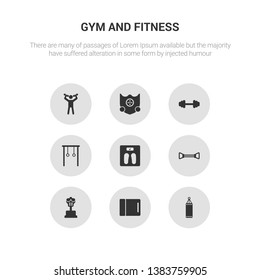 9 round vector icons such as boxing bag, yoga mat, boxing mannequin, chest expander, diet contains gymnastic rings, dumbbell, elevation mask, exercise. boxing bag, yoga mat, icon3_, gray gym