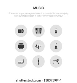 9 round vector icons such as marimba, jack connector, melodica, bass guitar, castanets contains bongo, violoncello, accordion, disc. marimba, jack connector, icon3_, gray music icons