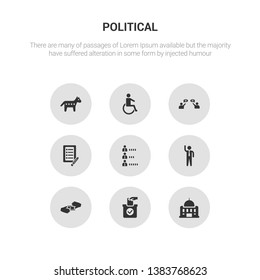 9 round vector icons such as american government building, ballot, bribe, candidate for elections, candidates ranking graphic contains checklist with a pencil, debate, disability, donkey americal