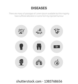 9 round vector icons such as leprosy, leptospirosis, leukemia, lice, limbtoosa contains listeriosis, loiasis, lung cancer, lupus. leprosy, leptospirosis, icon3_, gray diseases icons