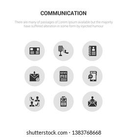 9 round vector icons such as letter, mailbox, meeting, message, newspaper contains outbox, phone book, phone call, postcard. letter, mailbox, icon3_, gray communication icons