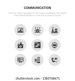 9 round vector icons such as call, phone booth, arroba, reply, text lines contains news reporter, radio antenna, connection, video chat. call, phone booth, icon3_, gray communication icons