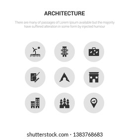 9 round vector icons such as airport, angkor wat, apartments, arc de triomphe, arch contains architecture, baggage, balcony, beach. airport, angkor wat, icon3_, gray architecture icons