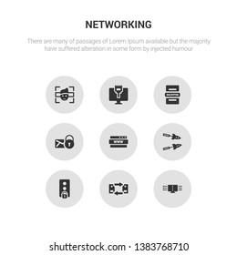 9 round vector icons such as data streaming, data transfer, data unclocked, ddos, domain contains email security, encrypted, ethernet, facial recognition. streaming, transfer, icon3_, gray