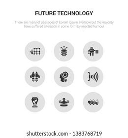 9 round vector icons such as hyperloop, immersive, incubator, infra, intelligence contains jetpack, laws of robotics, layers, match moving. hyperloop, immersive, icon3_, gray future technology icons