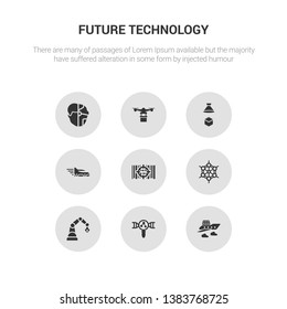 9 round vector icons such as fyling vehicle, genetic modification, industrial robot, graphene, high capacity color barcode contains high speed tube, hologram, hover transport, humanoid. fyling