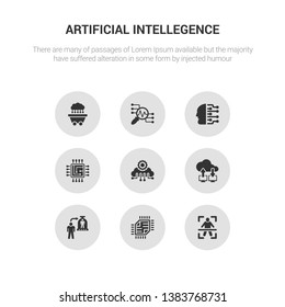 9 round vector icons such as body scan, chip, cloning, cloud computing, cloud intelligence contains cpu, cyborg, data analysis, data mining. body scan, chip, icon3_, gray artificial intellegence