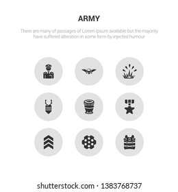 9 round vector icons such as bulletproof, chamber, chevrons, condecoration, depth charge contains dog tag, explosion, fighter plane, general. bulletproof, chamber, icon3_, gray army icons