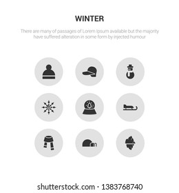 9 round vector icons such as iceberg, igloo, scarf, sled, snow globe contains snowflake, snowman, winter cap, winter hat. iceberg, igloo, icon3_, gray winter icons