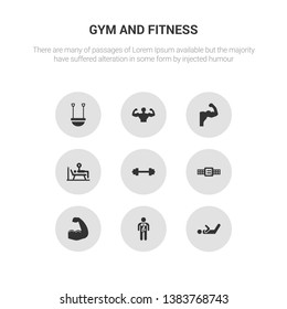 9 round vector icons such as abs, anatomy, arm, athletic strap, barbell contains bench press, biceps, bodybuilder, bosu ball. abs, anatomy, icon3_, gray gym and fitness icons