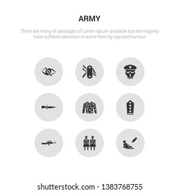 9 round vector icons such as civilian, terracotta, sniper rifle, shoulder strap, camouflage military clothing contains combat knife, skull army, swiss army knife, stealth. civilian, terracotta,