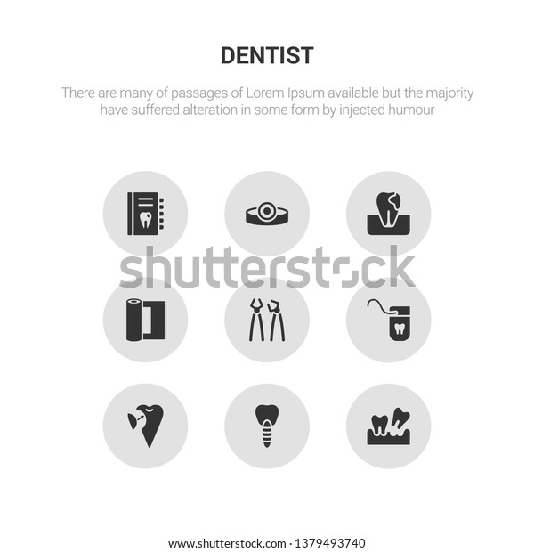 9 round vector icons such as extraction, fake\
tooth, filler, floss, forceps of dentist tools contains gauze, gum,\
headlamp, health report. extraction, fake tooth, icon3_, gray\
dentist icons