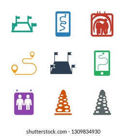 9 route icons. Trendy route icons white background. Included filled icons such as tunnel, elevator, route and phone, locations, distance. icon for web and mobile.