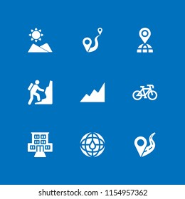 9 route icons in vector set. distance to travel between two points, bicycle, mountain and location on road illustration for web and graphic design