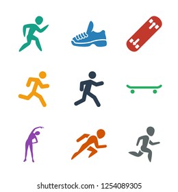 9 run icons. Trendy run icons white background. Included filled icons such as running man, running, exercising, skating, trainers. run icon for web and mobile.