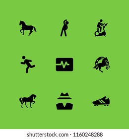 9 running icons in vector set. soccer shoe, run, horse and exercise illustration for web and graphic design