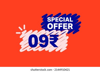 9 Rupee OFF Sale Discount banner shape template. Super Sale 9 Indian rupee Special offer badge end of the season sale coupon bubble icon. Discount offer price tag vector illustration.