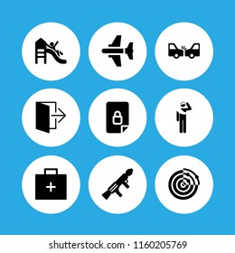 9 safety icons in vector set. gun, healthcare and medical, army and lock illustration for web and graphic design